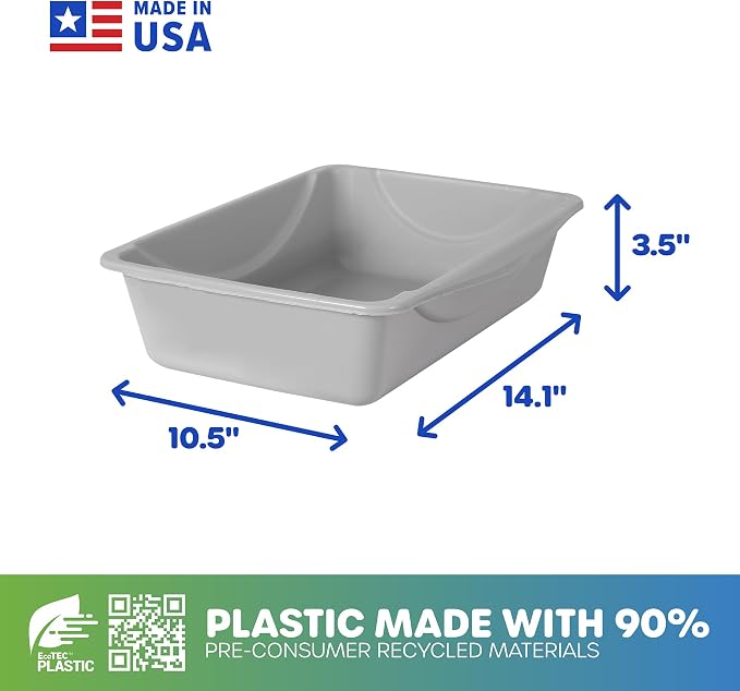 Petmate Basic Open Cat Litter Pan, Multidirectional Easy to Clean Plastic Litter Box, Gray, Made in USA, 14" x 10.5" x 3.5", Small Recommended for Kittens and Small Cats