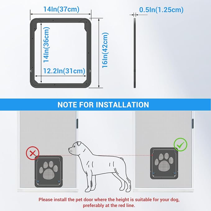 Large Dog Door for Screen Door, 12"×14" Pet Screen Door Magnetic Closure Dual-Side Lockable Pet Door for Medium to Large Dogs, Easy to Install, Black