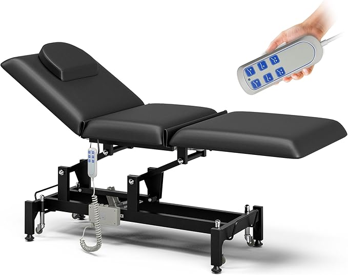 Icoget Fully Electrical Massage Table Bed with Wheels, 3-Section Adjustable Medical Treatment Table for Clients, Esthetician Facial Beauty Physiacl Therapy Bed for Spa, Exam, Black