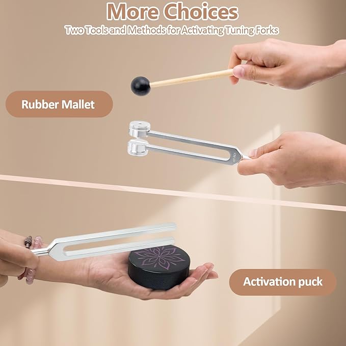 Tuning Fork for Healing Set – 128Hz, 136.1Hz, 256Hz, 384Hz for Sleep & Stress, Chakra Balance, Mental Focus, Relaxation, Meditation Accessories & Sound Therapy Devices | Activator + Pouch