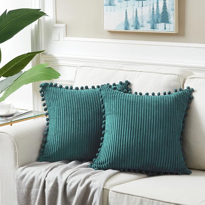Fancy Homi 2 Packs Teal Decorative Throw Pillow Covers 18x18 Inch with Pom-poms for Living Room Couch Bedroom, Soft Corduroy Solid Square Cushion Case 45x45 cm, Rustic Farmhouse Home Decor