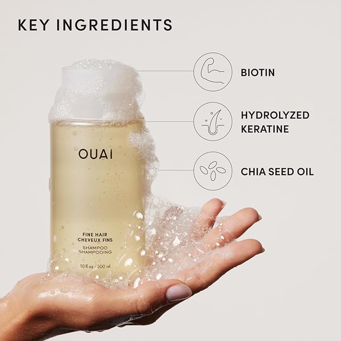 OUAI Fine Hair Shampoo - Volumizing Shampoo for Fine, Flat Strands - Made with Biotin, Keratin & Chia Seed Oil - Strengthens, Nourishes & Thickens - Color-Safe & Sulfate Free Hair Care (10 Fl oz)