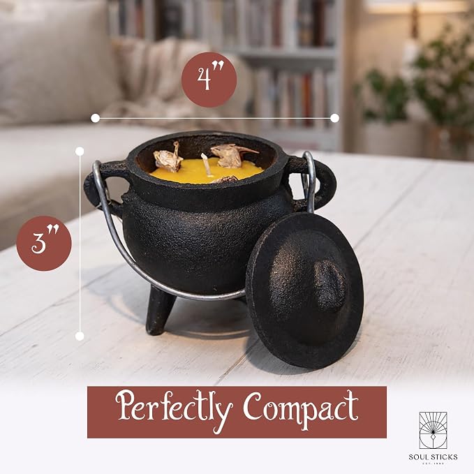 Reusable 4-Inch Cast Iron Cauldron Candle with Lid and Hanging Handle | Ritual & Aromatherapy Candle for Spell Casting, Smudging, Home Cleansing | Herb-Infused with Essential Oils (Sandalwood)