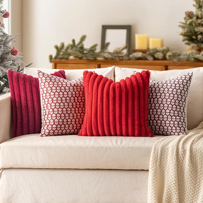 MIULEE Faux Fur Decorative Throw Pillow Covers 18x18 Set of 2 Red | Modern Soft Plush Couch Pillows, Cozy Fluffy Cushion Covers for Sofa Bed Living Room Home Decor