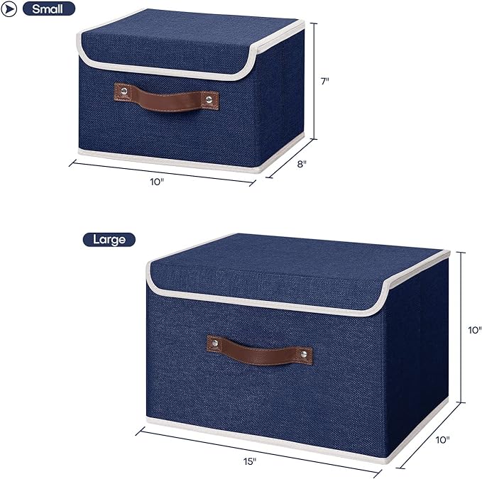 ANMINY Fabric Storage Box Bins with Lids, Blue, 10"x8"x7", 2 Pack | Keepsake Memory Storage, Cotton Linen, PP Board Reinforced, Washable, PU Handles, Foldable & Stackable, Decorative, Small