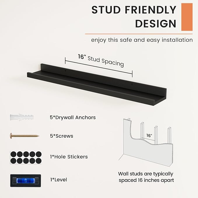 Picture Ledge Shelf, Floating Shelves for Wall, 30" W Set of 2, Black | FSC Certified Engineered Wood, Wall Mounted Bookshelf, for Nursery Living Room Bedroom, Pre-Drilled, Easy Install