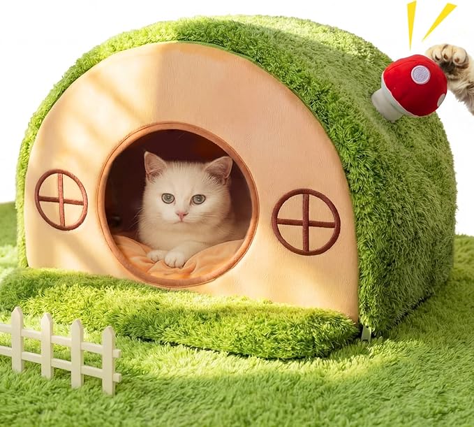 Cat House for Indoor Cats - Tree Hole Cat Bed Cave Hideaway | Enclosed Calming Shelter for Small Medium Pets, Removable & Washable Cushioned Pillow, Cute Kitten Bed with Anti-Slip Base