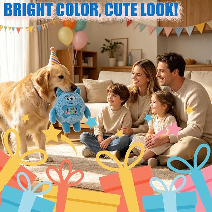 Monster Dog Birthday Toy for Gifts, Stuffed Dog Plush Toy, Blue | Crinkle Squeaky, Soft Lightweight Toy for Fetch and Chew, Interactive Outdoor Indoor Play for Tug, For Puppy Small Medium Dog