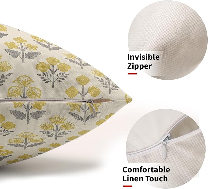 Yellow Grey Gray Floral Pillow Covers 12x20 Inch Set of 2, Block Print Lumbar Flower Cream Decorative Throw Pillowcases Outdoor Farmhouse Rectangle Cushion Covers Spring Summer Sofa Couch Bed Decor