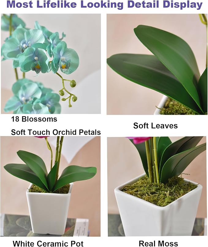 22" Golden Blue Faux Orchid in Ceramic Vase for Table Décor | Real Look Potted Phalaenopsis, Ideal Centerpiece for Home, Office, or Indoor Display, Lifelike Silk Flowers, No Maintenance