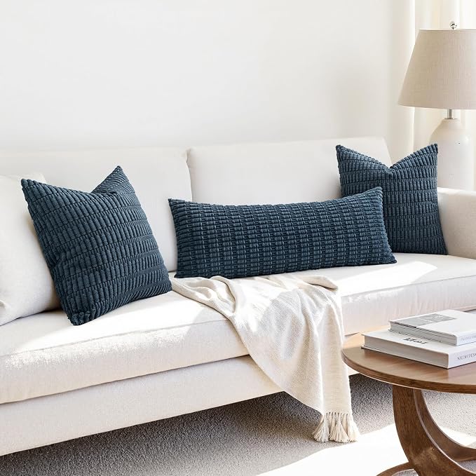 MIULEE Lumbar Corduroy Throw Pillow Cover for Bed 14x36 Blue Pack of 1 | Soft Long Decorative Cushion Cover Boho Farmhouse Accent Pillowcase Sofa Couch Livingroom Coastal Home Decor