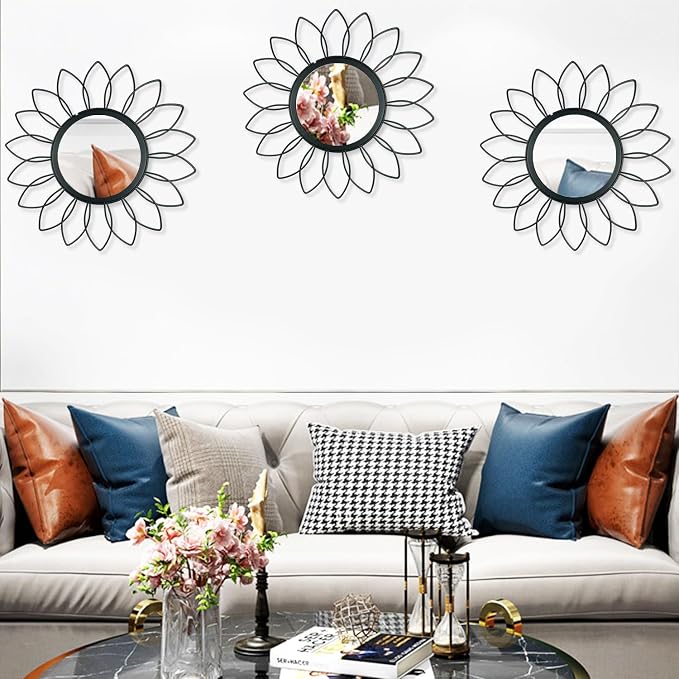 3 Pack Metal Mirrors for Wall Sunburst Wall Mirrors Home Décor Decorative Hanging Wall Art for Living Room Bedroom Entryway (Black, Flowers)