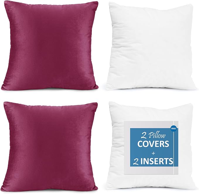 Throw Pillow Inserts Pack of 2 with Velvet Soft Solid Decorative Square Throw Pillow Covers Set for Sofa Couch Car Bedroom, 26X26 Throw Pillows Inserts with 24x24 Washable Cushion Covers, Magenta