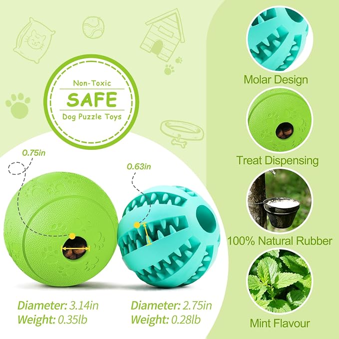 HIPPIH Dog Puzzle Toy 2 Pack, Interactive Dog Toys for Treat Dispensing | Durable Puppy Enrichment Toys, Dog Treat Ball for Teething, Slow Feeder, IQ Training, Blue-2.75'', Green-3.14''