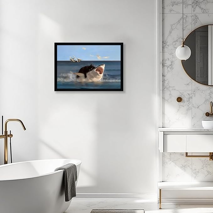 ICHZUMW Framed Funny Black Cat Biting Shark Ocean Canvas Wall Art 16x24 In | Quirky Cat Biting Shark Oil Painting, Humorous Bathroom Wall Decor, Bedroom Bar Man Cave Restroom Powder Room, Ready to Hang