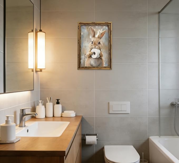 Vintage Gold Framed Bunny Easter Bathroom Wall Art Funny Rabbit and Toilet Paper Painting Canvas Prints Country Animal Picture Wall Decor Rustic Farmhouse Poster Artwork for Restroom Toilet Washroom