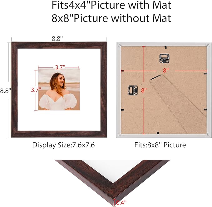 8x8 Picture Frame Set of 9, Display Pictures 4x4 with Mat or 8x8 without Mat, Multi Collage Gallery Square Photo Frames for Wall or Tabletop, Brown