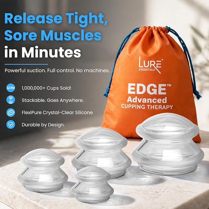 Lure Essentials Edge Silicone Cupping Set, Cupping Kit for Massage Therapy, Long Lasting Cups for Professional & Home Use, Body Sculpt Cup for Cellulite, Ultra Transparent Clear
