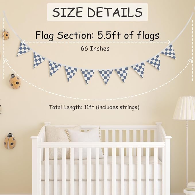 Boys Room Wall Art Decor,Cars Room Decor for Toddler Nursery Playroom,Blue and White Checkered Garland Triangle Banners,Racing Flags 11Ft Bunting Flags Fabric for Baby Shower Birthday Party