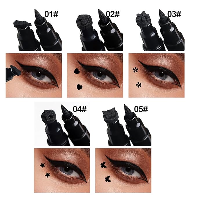 5Pcs Double-headed Liquid Eyeliner Stamp Pencil Set, Winged Eye-liner Pen, Long-lasting Black Tattoo Eye-liner delineador de ojos (Heart/Flower/Star/Butterfly/Cone) Shape Eye Liner Pencil for Women