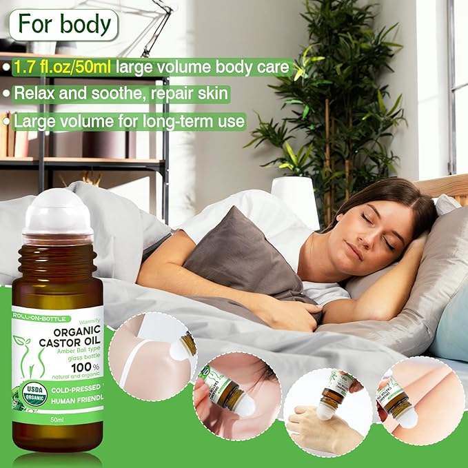 3-in-1 Castor Oil Roll on for Eye,Face,Body Skin,Certified Organic Cold Pressed Castor Oil Roller ball unrefined Glass Bottle,Precise & Mess-Free Application & Travel Friendly