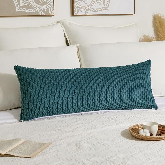 Kevin Textile Soft Corduroy 20"x54" Body Pillow Cover 1 Pack, Teal Blue | Boho Stripe Plush Corduroy Decorative Oblong Cushion Cover Modern Farmhouse Home Decor for Sofa Couch Bed Chair
