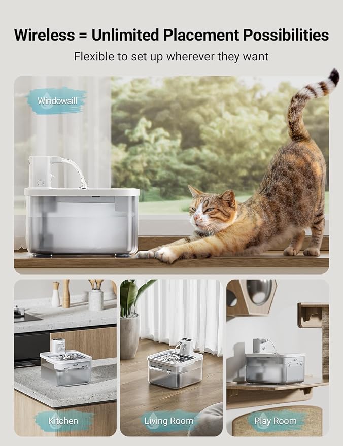 DownyPaws Cat Water Fountain Cordless, Pet Fountain, 84oz/2.5L, White Pro | Wireless Cat Drinking Water Fountains for Cats Indoor, Fursink , Battery Operated, Motion Sensor, Ultra Quiet Pump, BPA-Free