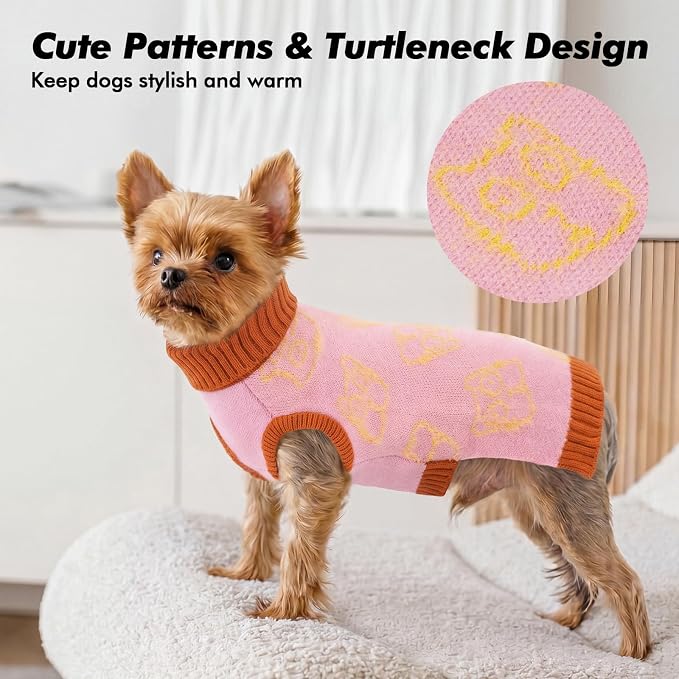 IDOMIK Dog Knit Sweaters for Small Dogs, Sleeveless Pet Pullover Sweater,S | Turtleneck Pink Dog Sweater, Stretchy Knit Dog Clothes, Warm Puppy Sweater for Winter Daily Wear, Cute Cat Pattern