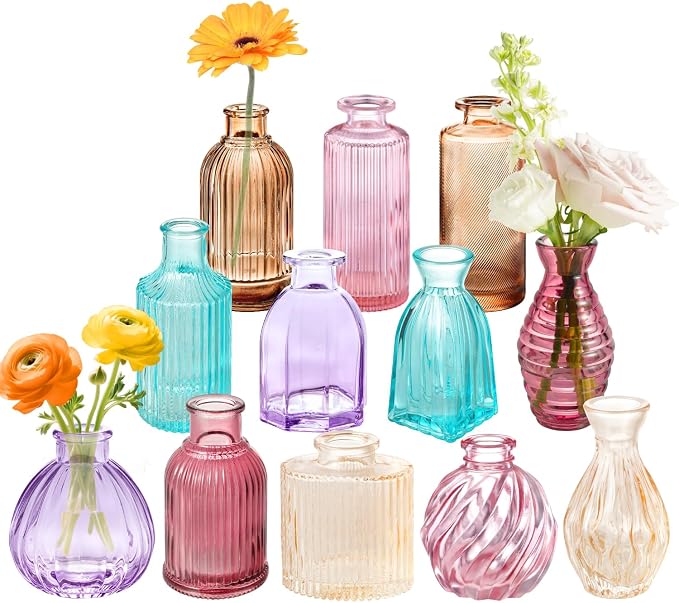 12PCS Mixed Colored Bud Vases Colorful Vintage Flower Vase for Centerpieces | Small Glass Vases for Flowers Aesthetic Glass Bottles Bulk Wedding Party Home Decorations Gifts
