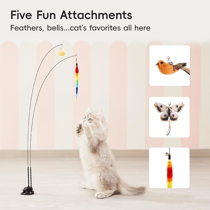Potaroma Suction Cup Cat Wand Toys, Dual-Wand Interactive Kitten Toy | For Indoor Cats with 5 Pcs Feathers Balls Attachments, Charcoal Base