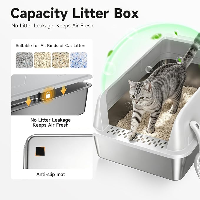 High-Sided Stainless Steel XL Cat Litter Box for Cats | High-Sided Design Prevents Urine Leakage,Non-Stick,Easy to Clean,Includes Scoop,Gray