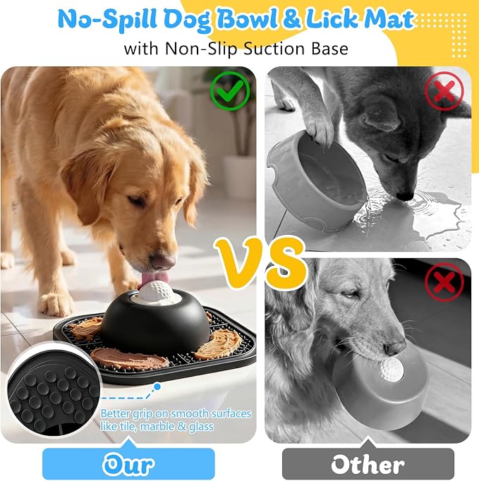 Slow Feeder Dog Bowls & Lick Mat for Liquid and Thick Treat, Anti-Slip Dog Lick Bowl with Interactive Rolling Ball, 5/6 Cup Pup Licking Toy for Large Medium Small Dogs and Cats-Large Black