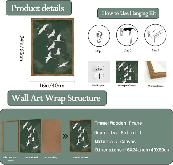 Framed Japanese Flying Cranes Wall Art, Vintage Bird Pictures Wall Decor Paintings, Rustic Nature Animal Canvas Prints Minimalist Home Decor for Living Room Bedroom Office 16x24 inch