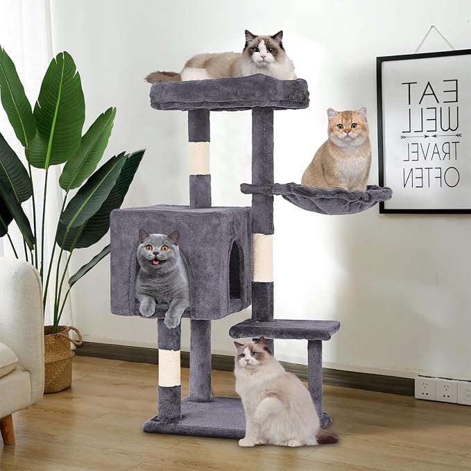 FDW | 37.8" Cat Tree Tower | Light Gray | Multi-Level Indoor Activity Center with Sisal Scratching Posts, Condos, Plush Perches, Hanging Cat Toys | Sturdy, Easy to Assemble | for Kittens & Adult Cats