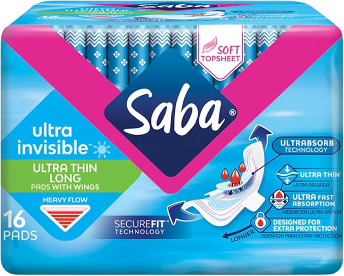 SABA Ultra Invisible Ultra Thin Long Pads with Wings, Regular Flow, 3-Pack of 16 Pads (48 Count)