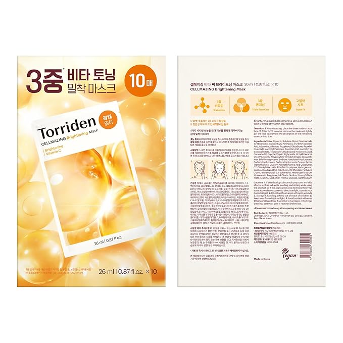 Torriden CELLMAZING Vita C Facial Mask (10 Sheets) | Radiance & Glow Boosting Korean Sheet Mask | Improving Overall Skin Tone | 5D Vitamin C + Niacinamide | Korean Face Mask