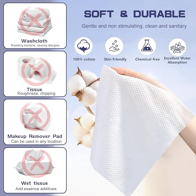 Disposable Face Towel, 600 Count Face Towels, for Washing Soft Cotton Dry Wipes Facial Cloths Towelettes for Washing and Drying, Facial Tissue for Cleansing, Skincare and Makeup Remover