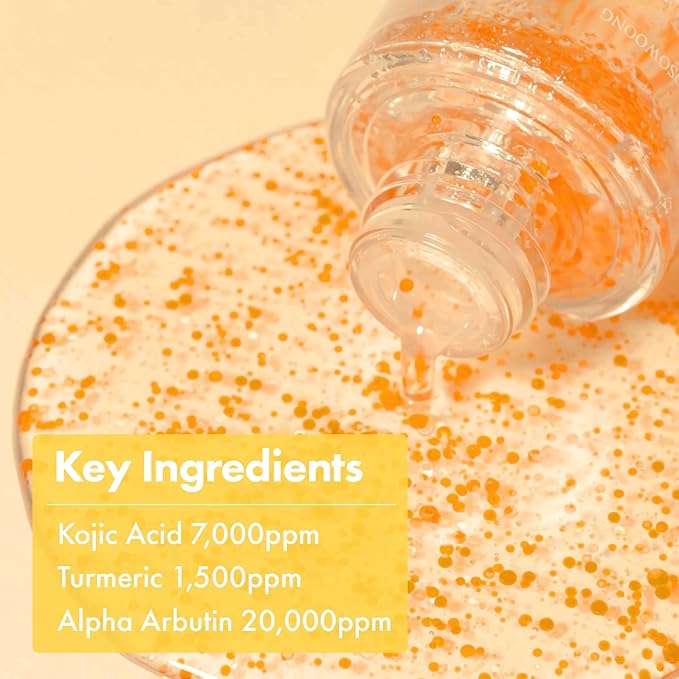 TOSOWOONG Real Turmeric Kojic Acid Serum - Brightening serum 7,000ppm Kojic Acid, 1,500ppm Turmeric, Alpha Arbutin, Astaxanthin, Glycolic Acid, Dark Spots, Freckle, Korean Skin Care, 33ml/1.11 fl.oz.