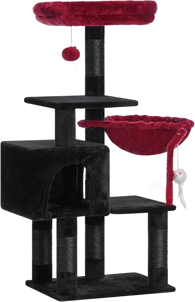 Heybly Cat Tree with Toy, 43.3 inch Cat Tower for Indoor Cats HCT004SBR | Cat Condo with Durable Sisal Scratching Posts, Cat House with Padded Plush Perch, Cozy Hammock, Black and Red