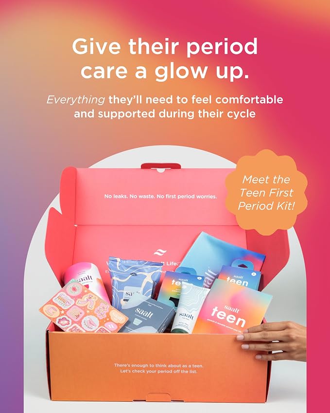 Saalt Teen First Period Kit - Includes Leakproof Period Underwear, Menstrual Cup, Menstrual Cup Wash, Compact Sanitizer, Feminine Wipes, Storage Bag, Saalt Stickers & Period Care 101 Booklet - Small