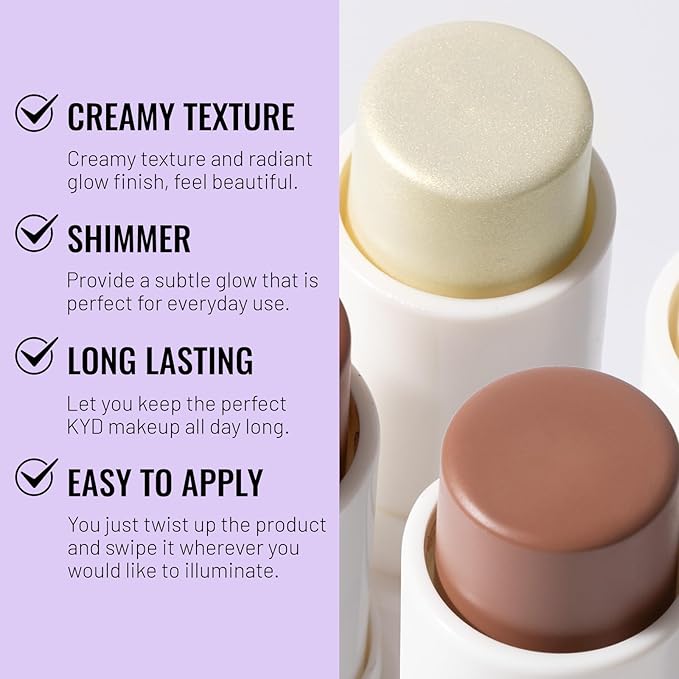 Cream Contour Stick Kit for Mature Skin, Moisturize Bronzer Pen and Highlighter with Brush, Brightens & Shades Pencil, Long Lasting & Smooth Gliding Face Illuminator for Older Women