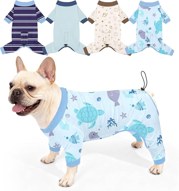 Bienbee Dog Pajamas, 4 Pack Adjustable Onesies for Small to Large Dogs L | Dog Shedding Suit with Soft Fabric, Breathable & Stretchy, and Adjustable Back Length for Sleeping Lounging and Daily Use