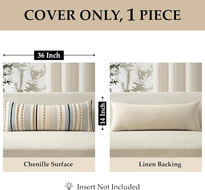 ANRODUO Boho Decorative Pillow Covers 14x36 Light Blue Stripe Pack of 1 | Throw Pillow Covers, Farmhouse Cushion Case, Long Chenille Pillow Cases, Lumbar Pillow Covers, Neutral Pillow for Sofa Couch