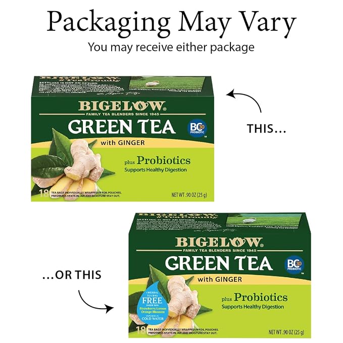 Bigelow Tea Green Tea with Ginger Plus Probiotics, Caffeinated Tea with Ginger, 18 Count Box, (Pack of 6), 108 Total Tea Bags