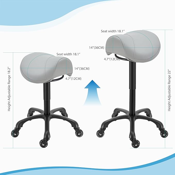 Saddle Salon Stool with Wheels,Heavy Duty Adjustable Rolling Stool for Barber, Tattoo, Nail,Spa,Dentist(Gray)