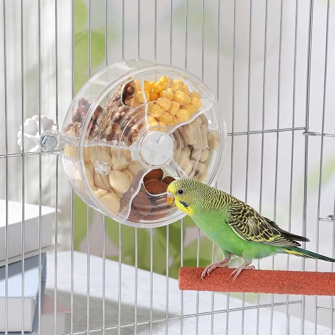 Bird Foraging Toy Interactive Slow Feeder with Rotating Treat Wheel Creative Enrichment Puzzle for Small & Medium Parrots Cockatiel Parakeet Conure - Clear