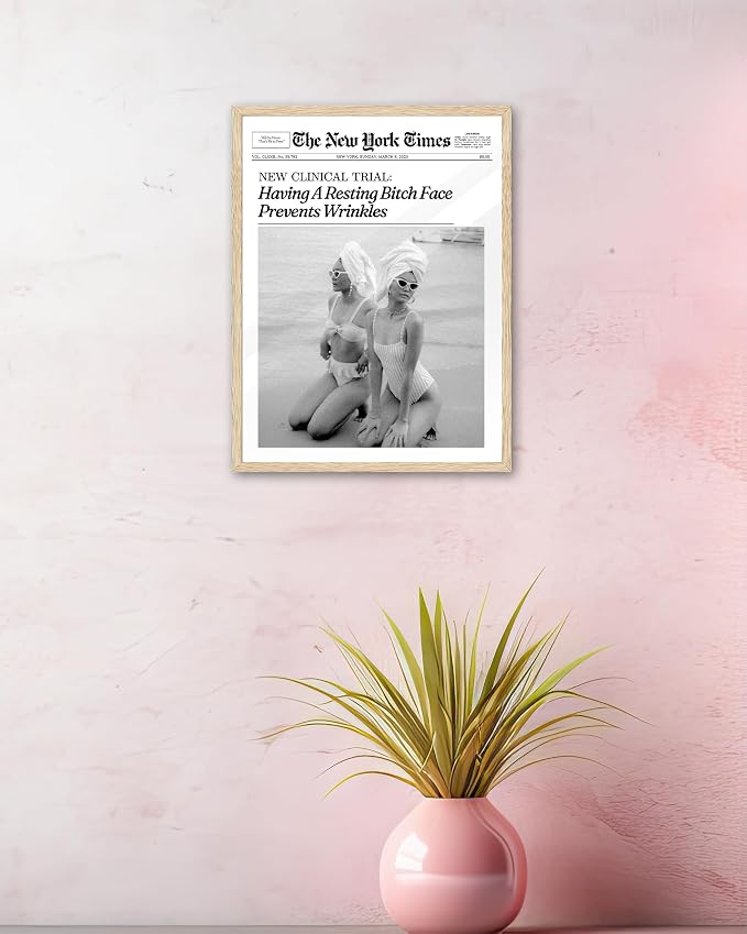 iHery 8x10in Funny Beach Girls Framed Newspaper Wall Art | Natural OAK Wood Frame with Canvas Print, Retro Magazine Decor for Bathroom, Bedroom, Girl Dorm, Living Room 1Pack