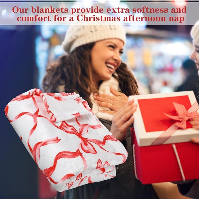 Red Bow Throw Blanket 50"x60" Soft Flannel for Girls Women | Coquette Aesthetic Decor with Ruffled Edges, Ultra Plush Bed Sofa Blanket, Preppy Gift for Teens, Back to School Dorm Room