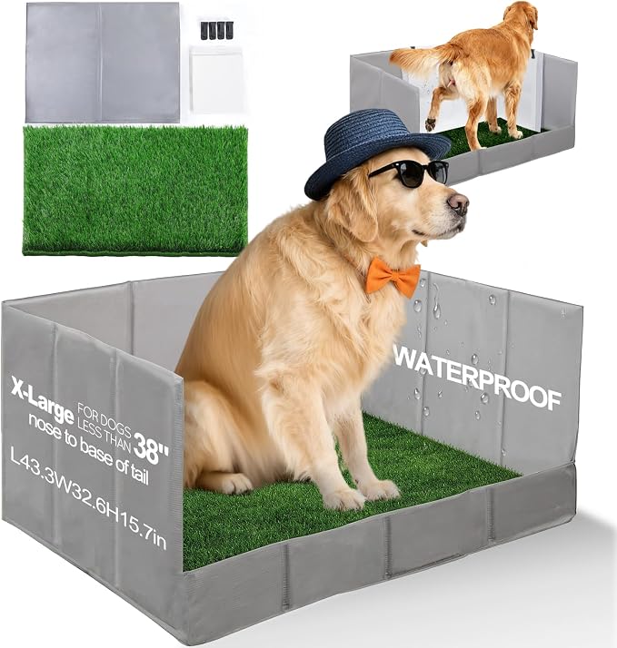 HQ4US Dog Grass Pad with Tray, Foldable Litter Box High Wall, Indoor Potty | Extra Large Easy Clean Puppy Pee Pad Holder with Odor Free Artificial Grass Patch for Dogs Potty, Leakproof, No Assembly