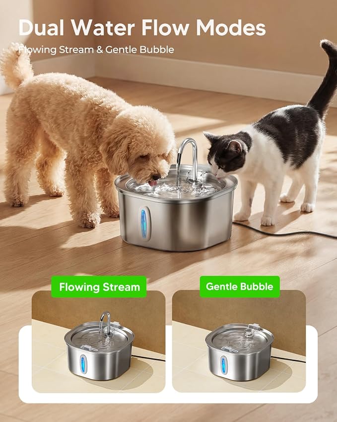 PEKTACO Stainless Steel Cat Water Fountain with 6 Filters, 3.2L/108oz | Cat drinking fountain, dishwasher safe, with triple filtration, quiet pump, and visible water window for cats and small pets